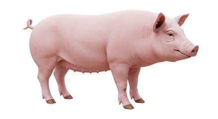 Domestic Pink Pig Standing Isolated on White Background Farm Animal Agriculture