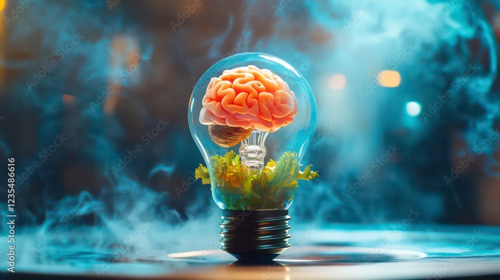 Poster brain inside a lightbulb with smoke, representing ideas and innovation.
