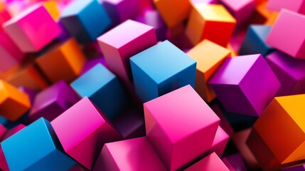 A close up of a group of colorful, 3D rendered cubes in blue, red, orange, and purple.