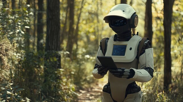 A humanoid robot uses a digital tablet in a sunny forest path for data logging