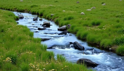 Serene Stream Flowing Through Lush Green Meadow
