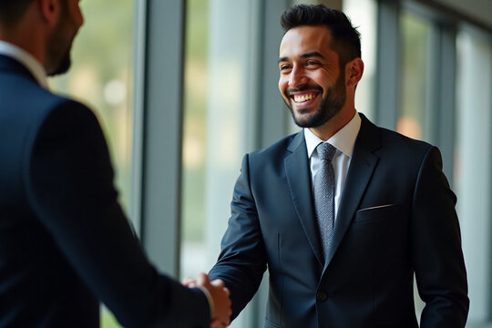 Escena en la que un hombre de negocios hispano vestido de traje da la mano a su socio de negocios con una sonrisa