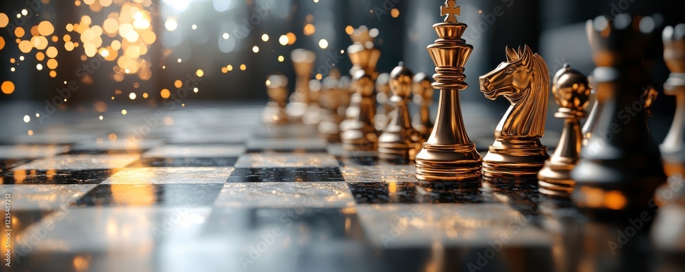 Poster a close-up view of a gold chess set on a dark board, illuminated by soft light, creating an elegant 
