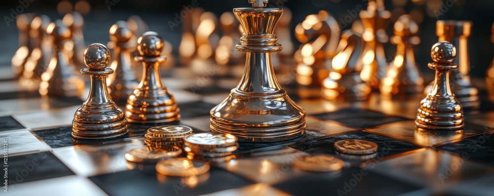 Poster a close-up of a chessboard featuring shiny golden pieces, emphasizing strategy and competition in an