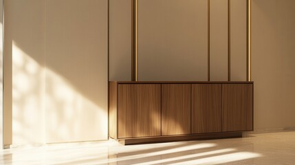 A modern wooden cabinet in a sunlit room, featuring sleek lines and a minimalistic design against a light-colored wall.