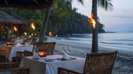 Serene Tropical Cove with Bamboo Tables Set for an Intimate Dinner by the Seashore at Dusk