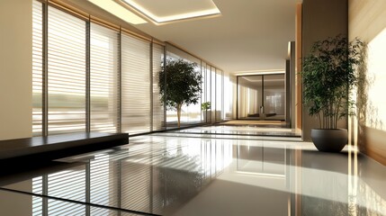 Obraz premium Modern minimalist hallway with reflective floor, large windows, and potted plants.