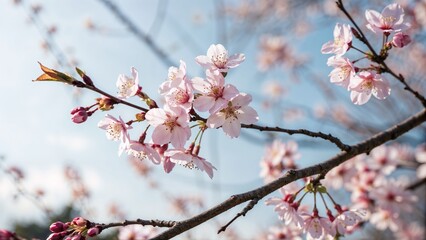 Obraz premium Close-up of pink cherry blossoms blooming on branches against a bright blue sky