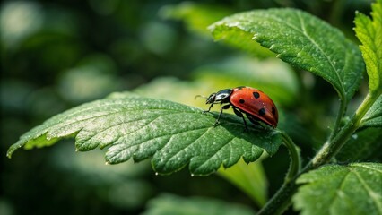 Fototapeta premium Macro shot of a ladybug resting on a green leaf with blurred foliage in the background