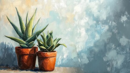 Two aloe vera plants in terracotta pots, sunlit wall, home decor