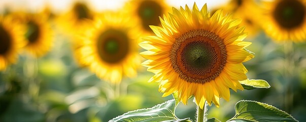 Fototapeta premium A vibrant field of sunflowers basking in sunlight, showcasing their bright yellow petals and rich green leaves, creating a cheerful and inviting atmosphere.