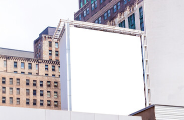 Blank billboard in downtown urban setting. Generative fill.