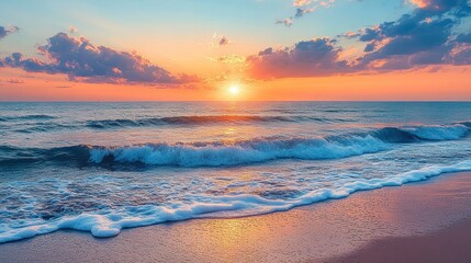 Obraz premium A stunning sunset over the ocean, where waves gently kiss the sandy shore, creating a serene and picturesque beach scene.