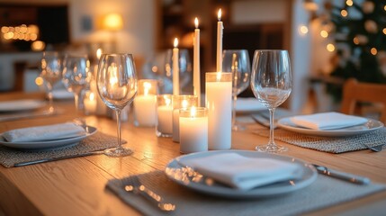 A beautifully set dining table with candles and wine glasses, creating a warm and inviting atmosphere for a cozy gathering.