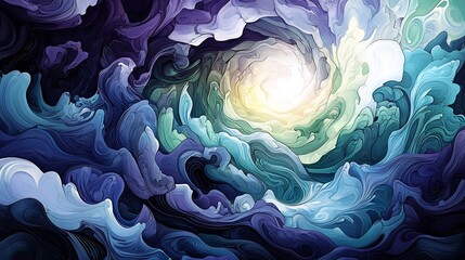 Obraz premium Abstract swirling vortex art deep blues purples soft light glows mysteriously. AI Generated
