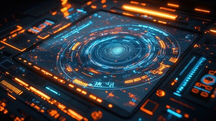 Fototapeta premium Futuristic technology interface with glowing circular display.