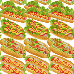 美味しそうなホットドッグが並んだシームレスパターン