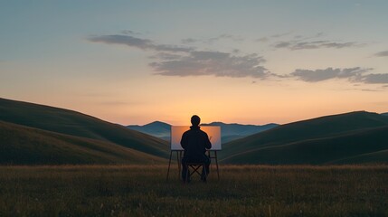 Fototapeta premium Lone Artist Silhouetted Sitting at an Easel in Serene Landscape During Sunset with Rolling Hills