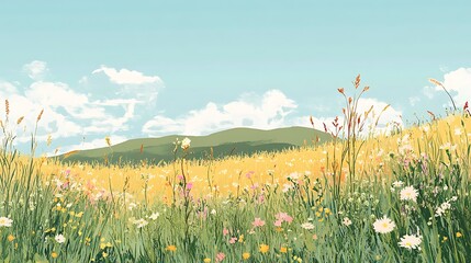 Summer Wildflower Meadow Landscape With Rolling Hills