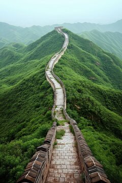 Explore the ancient pathways of the Great Wall winding through lush green hills in China