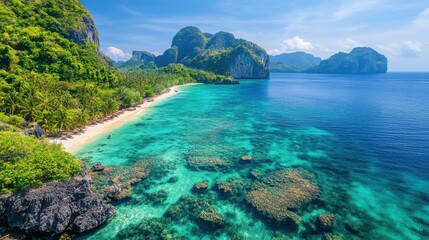 Obraz premium A stunning tropical beach with crystal-clear turquoise water, surrounded by lush greenery and rocky cliffs under a bright blue sky.