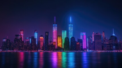 Fototapeta premium A stunning cityscape featuring skyscrapers glowing in LGBTQ pride colors, set against a dark night sky.