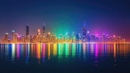 Naklejka premium A vibrant urban skyline illuminated in rainbow colors celebrating LGBTQ pride, set against a clear night sky with copy space.