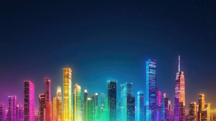 Obraz premium A vibrant urban skyline illuminated in rainbow colors celebrating LGBTQ pride, set against a clear night sky with copy space.