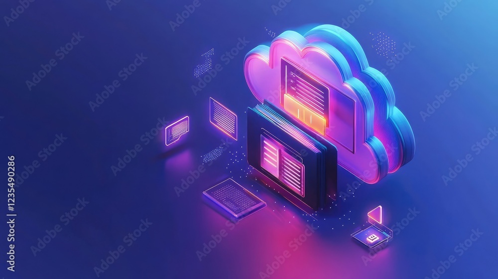 Aufkleber abstract illustration of cloud storage with glowing icons for global file sharing and digital device