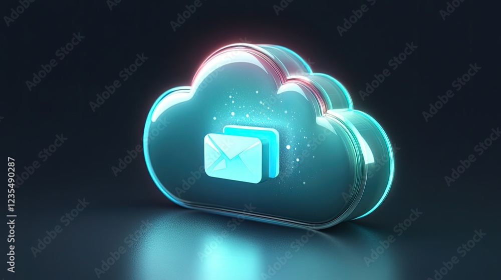 Poster abstract illustration of cloud storage with glowing icons for global file sharing and digital device