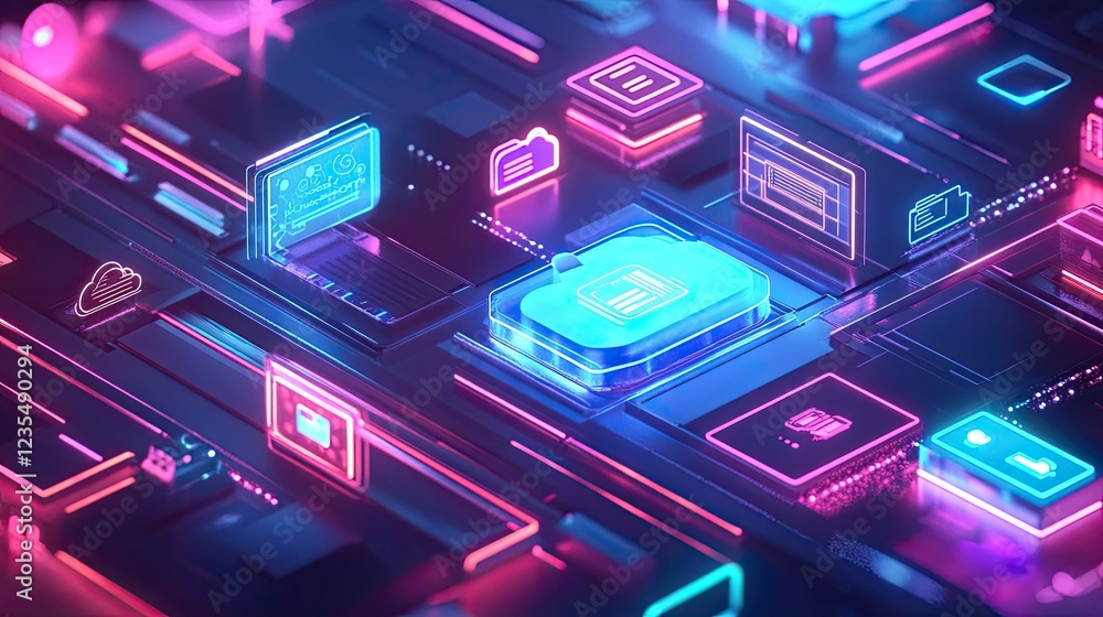 Poster abstract illustration of cloud storage with glowing icons for global file sharing and digital device