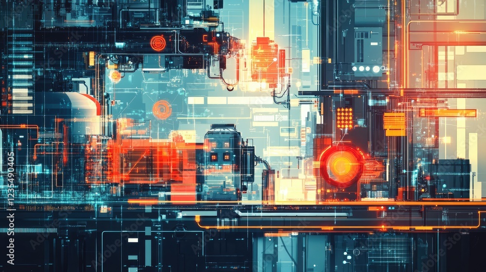 Poster abstract vector of interconnected machines and devices representing iot in a modern industrial envir
