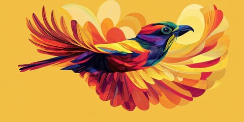 A vibrant multicolored bird in flight