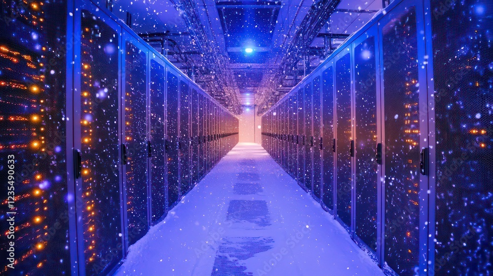 Poster Snow falling in a data center aisle with rows of servers.