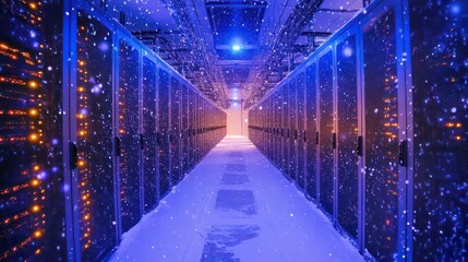 Snow falling in a data center aisle with rows of servers.