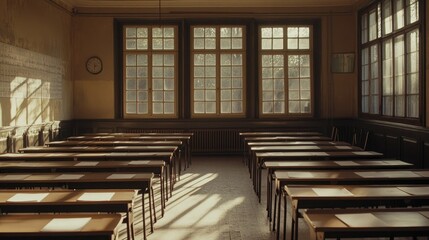 Obraz premium An empty classroom prepared for an exam, with desks spaced apart and neatly arranged answer sheets on each.