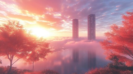Pink And Orange Sunset Over Foggy Cityscape With Twin Towers