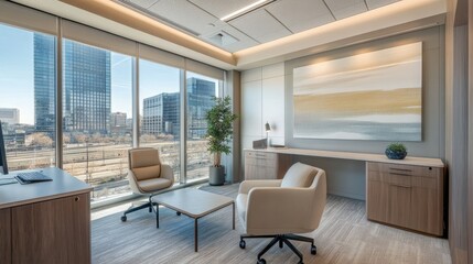 Bright and airy modern office interior with ergonomic furniture, a neutral color palette, and cityscape views through large windows.