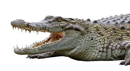 Fototapeta premium Powerful Nile Crocodile Open Mouth Close up Isolated on White Background Reptile Wildlife