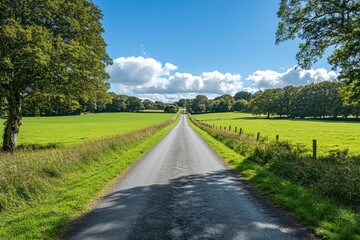 Naklejka premium A serene road stretches through lush green fields under a bright blue sky dotted with clouds, inviting exploration and tranquility.