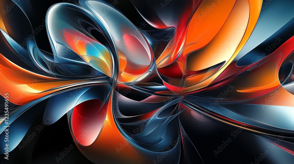 Poster abstract digital artwork featuring vibrant colors and fluid shapes, creating a sense of movement and