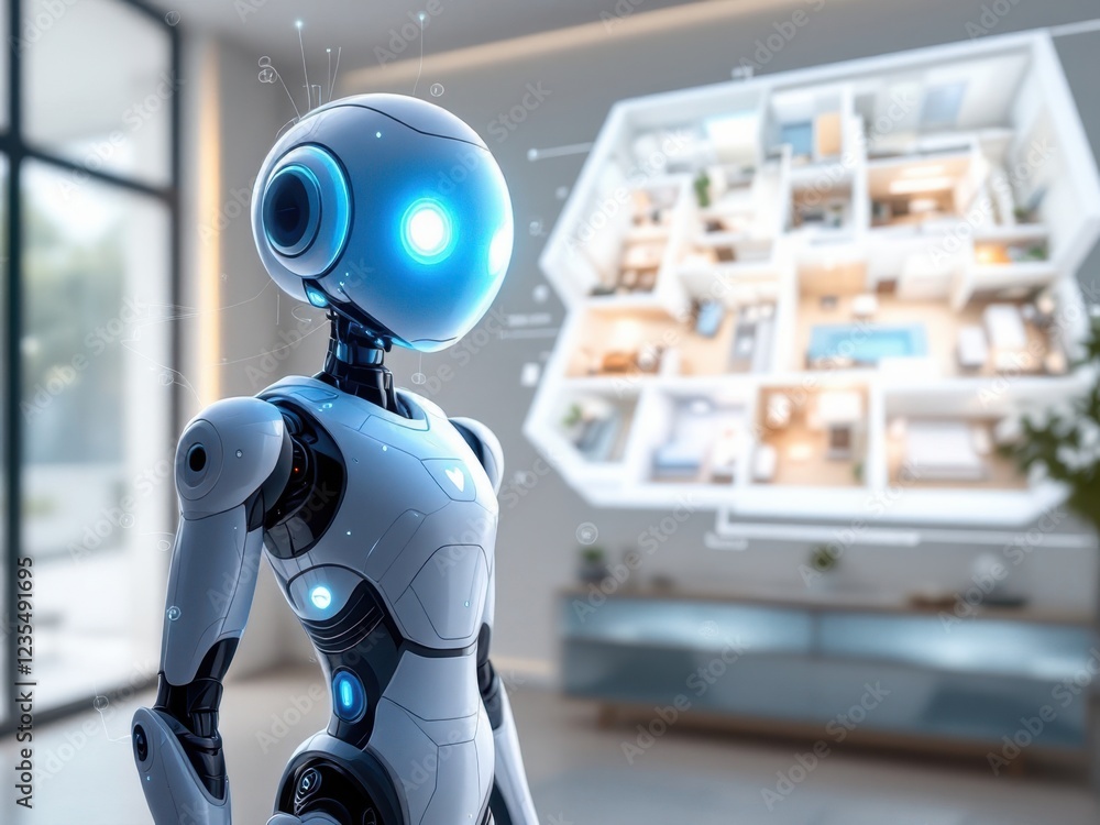 Aufkleber futuristic robot exploring smart home with holographic display technology