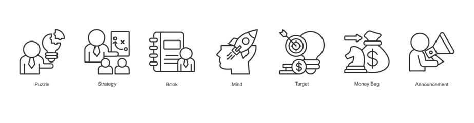 Problem Solving Icon Puzzle, Strategy, Book, Mind, Target, Money Bag, Announcement