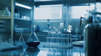A sophisticated chemical research laboratory with chemists conducting experiments on nanomaterials and chemical compounds, Chemical research lab scene, Nanochemistry style