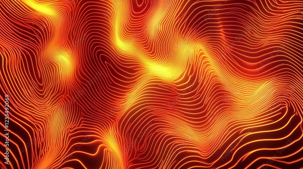 Poster dynamic flow of vibrant orange and yellow lines creating a mesmerizing wavy pattern visually resembl