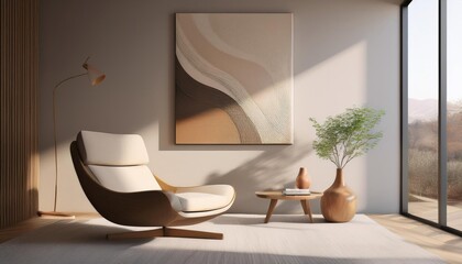 A serene minimalist living space featuring a comfortable lounge chair artwork and a calming natural light