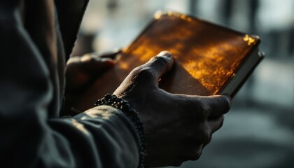 Close-up of hands holding a book in warm light