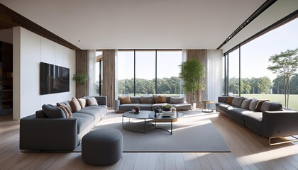 Fototapeta premium A spacious modern living room with floor to ceiling windows overlooking a tranquil green landscape