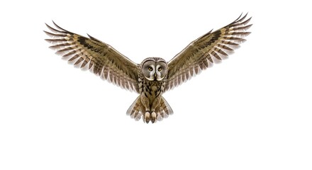 Obraz premium Majestic Great Grey Owl in Flight Wings Spread Wide Isolated on White Background