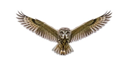 Obraz premium Majestic Great Grey Owl in Flight Wings Spread Wide Isolated on White Background